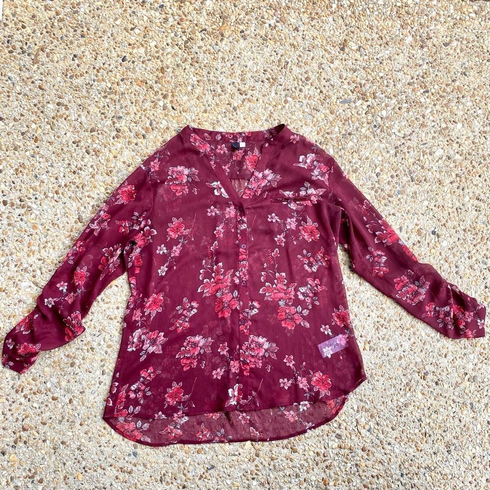 Kut From the Cloth Sheer Button Down Floral Roll Tab Burgundy Blouse Size XL